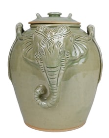 Vintage Asian Glazed Elephant Motif Celadon Vase