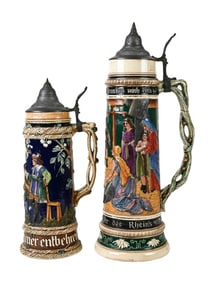 2 Antique 13 & 17 Inch German Ceramic Beer Steins