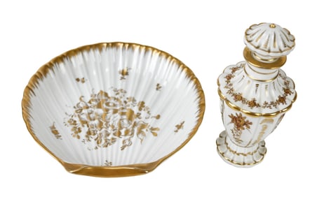 French Porcelain Vanity Items Gold Leaf & White