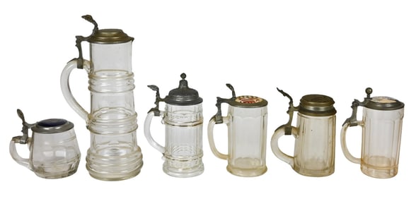 6 Antique German Glass and Pewter Beer Steins