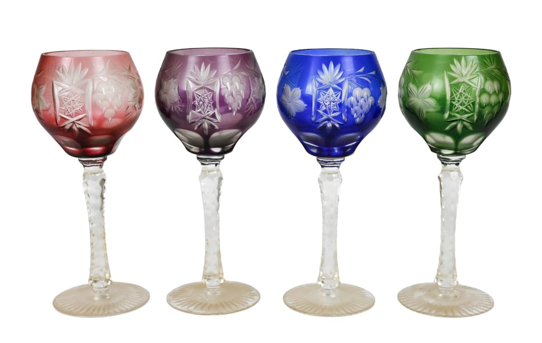 4 Brilliant Cut Colored Bohemian Stem Glasses: 4 Brilliant Cut Colored Bohemian Stem Wine Glasses. Each measures