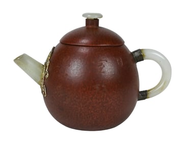 Chinese Yixing Zisha Clay Teapot Jade Inlaid