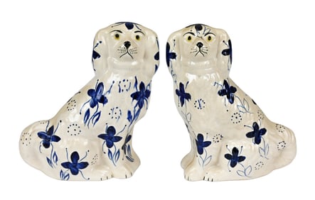 Pair Antique Staffordshire Blue & White Spaniels