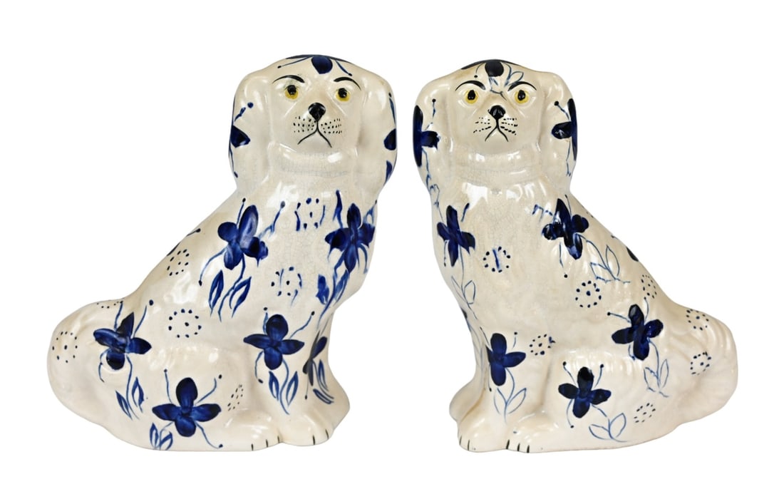 Pair Antique Staffordshire Blue & White Spaniels (1 of 6)