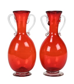 Pair Hand Blown Red Art Glass Amphora Vases