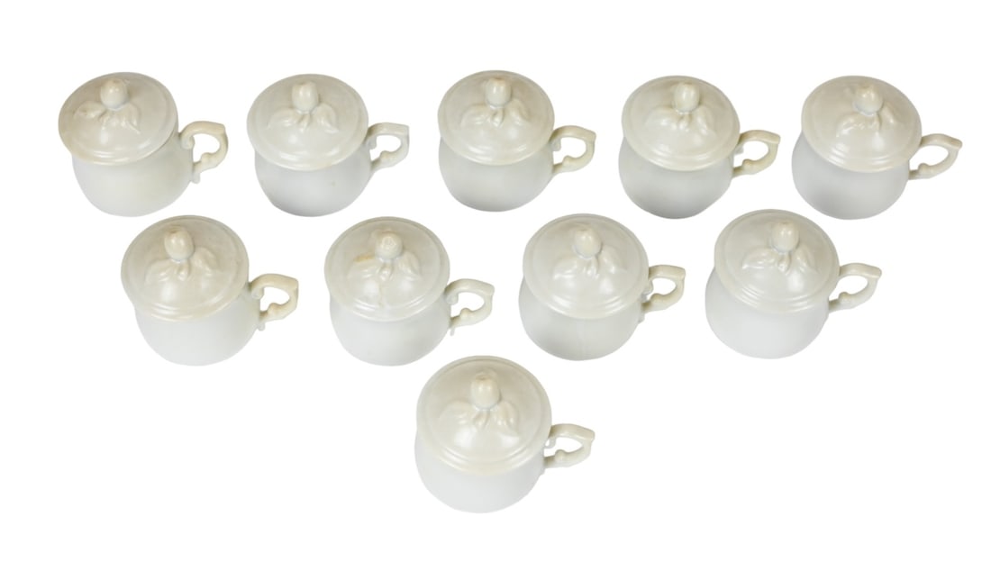 10 Antique Limoges France Covered Pots de Creme: 10 Antique Limoges France White Porcelain Covered Pots de Creme. Each measures 4 inches x 4 inches.
