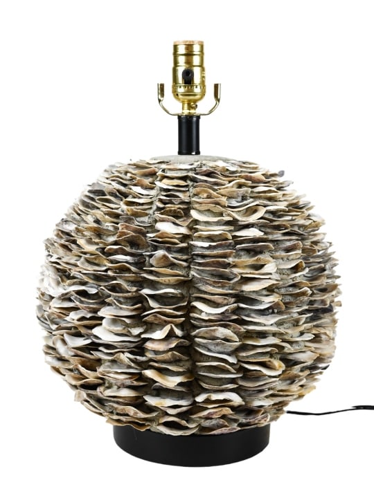 Oyster Shell & Cement Sphere Lamp Base: Oyster Shell & Cement Sphere Lamp Base. Measures 17 inches x 15 inches in diameter.
