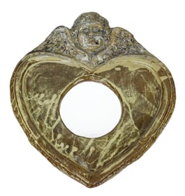 Art Pottery Glazed Wall Mirror w Cherub Pediment