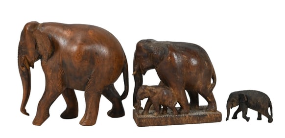 3 Hand Carved Elephant Statues