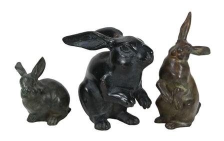 Three Cast Iron Rabbit Statues
