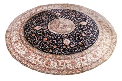 Oriental Hand Woven Wool and Silk Round  Carpet