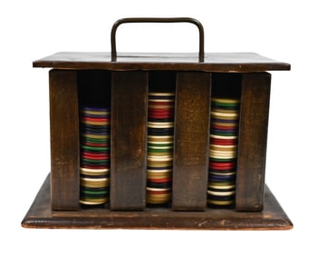 Hand Carved Poker Chip Caddy w Bake Lite Chips