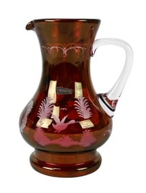 Vintage Bohemian Red to Clear Etched Glass Pitcher