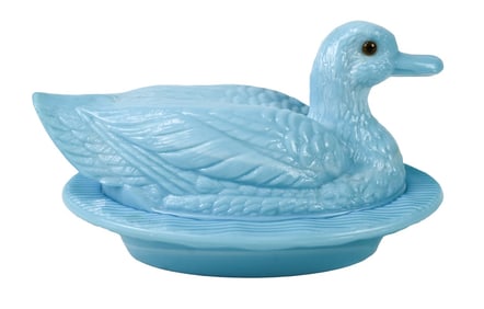 Westmoorland Blue Milk Glass Duck Form Compote