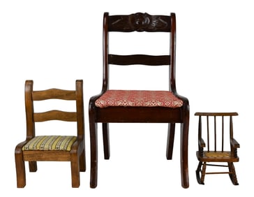 3 Custom Upholstered Doll Size Carved Chairs