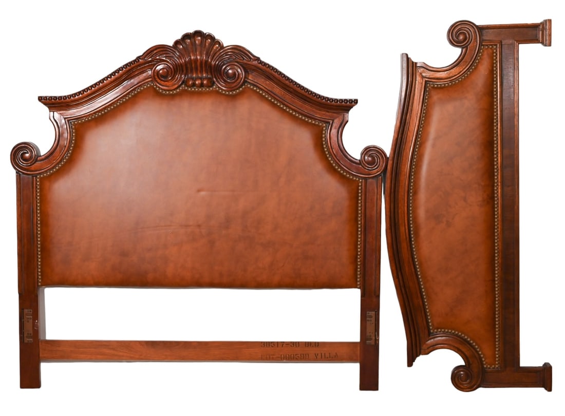 French Provincial Carved Leather Bed Frame (1 of 13)