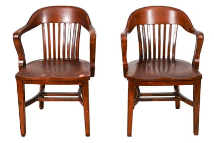 Pair Vintage Carved Read Oak Bankers Armchairs