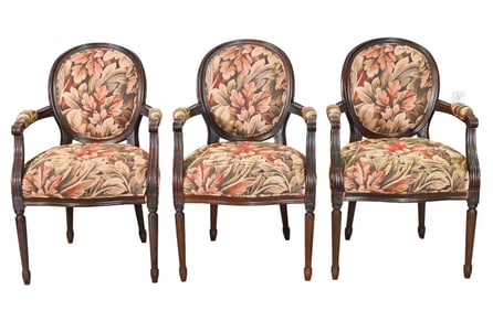 3 French Provincial Carved Fauteuil Arm Chairs