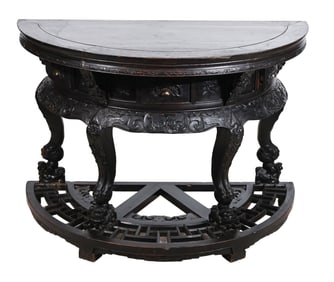 Antique Oriental Carved Ebonized Demi Lune Table