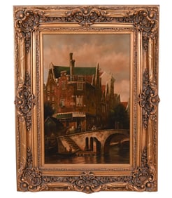 Dutch School Signed Oil Painting City on River