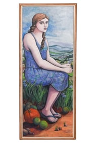 Chico Lambronia Mixed Media Acrylic Painting Portrait Seated Woman