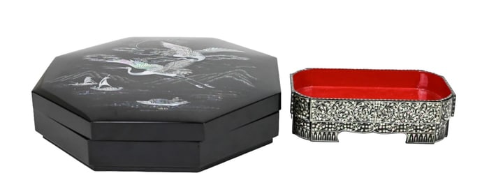 2 Japanese Black Lacquer MOP Inlaid Boxes