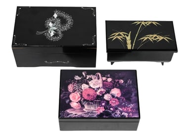 3 Black Lacquer Musical Jewelry Boxes