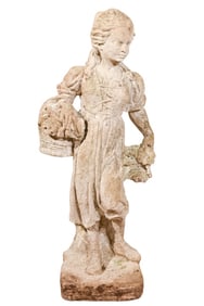 Antique Cast Stone Garden Statue Girl w Basket