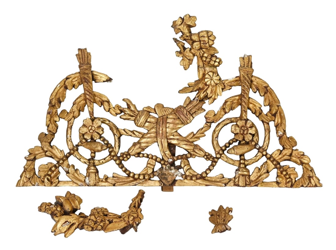 Antique French Carved Gilt Pediment Salvage: Antique French Carved Gilt Pediment Salvage. Requires repair, sold as is. Measures 28 inches x 14 inches.