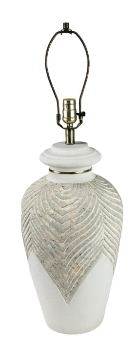 Post Modern Riveted Plaster Lamp w Color Specks: Post Modern Riveted Plaster Lamp w Color Specks. Measures 30 inches x 10 inches in diameter.