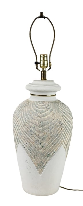 Post Modern Riveted Plaster Lamp w Color Specks: Post Modern Riveted Plaster Lamp w Color Specks. Measures 30 inches x 10 inches in diameter.