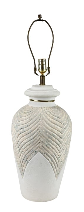 Post Modern Riveted Plaster Lamp w Color Specks: Post Modern Riveted Plaster Lamp w Color Specks. Measures 30 inches x 10 inches in diameter.