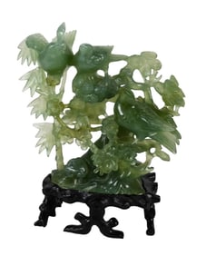 Chinese Jade Hand Carved Birds in Tree Statue