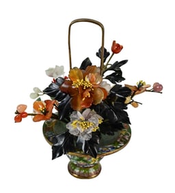 Chinese Carved Hardstone & Cloisonne Flower Pot