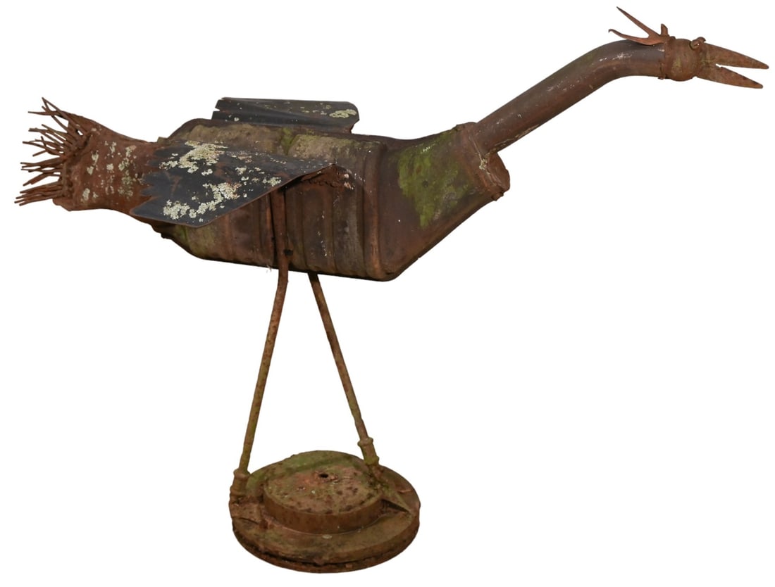 Salvage Car Muffler Garden Sculpture of Swan: Salvage Car Muffler Converted to Garden Sculpture of Swan. Measures 30 inches x 38 inches x 11 inches.