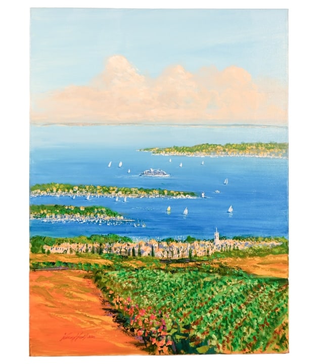 Kerry Hallam Signed Painting Mediterranean View: Kerry Hallam, American 1937 - 2020, Signed Acrylic Painting on Canvas Titled Mediterranean View Unframed. Measures 30 inches x 40 inches. From the artist's estate.