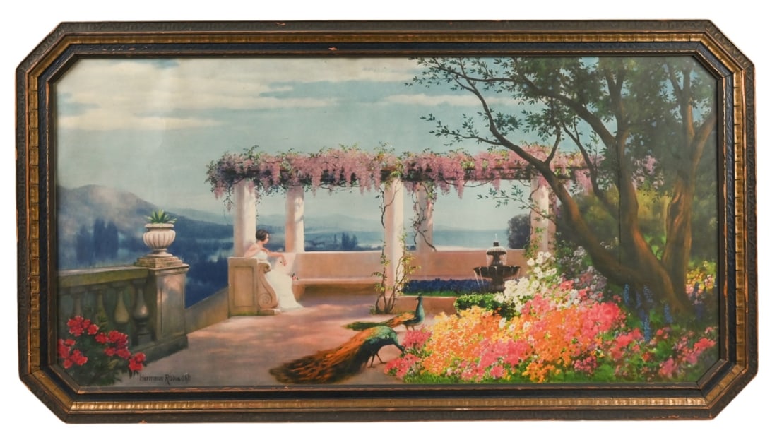 Hermann Rudisuhli Antique Print Dream of Paradise: Hermann Rudisuhli Antique Print Dream of Paradise in Art Deco Period Frame. Meaures 17 inches x 31 inches.