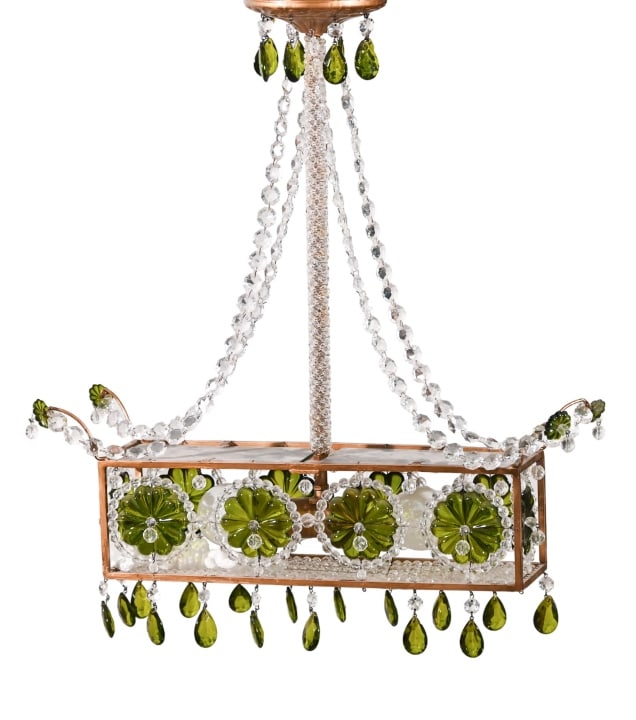 Vintage Brass Green Crystal 2 Light Chandelier (1 of 9)