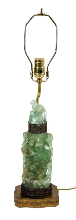 Antique Carved Jade Table Lamp w Internal Light: Antique Carved Jade Table Lamp w Internal Light Carved Stand on Pierced Brass Base. Lamp is electric, Internal light illuminates the carving from the inside. Measures 25 inches x 6 inches x 4 inches.