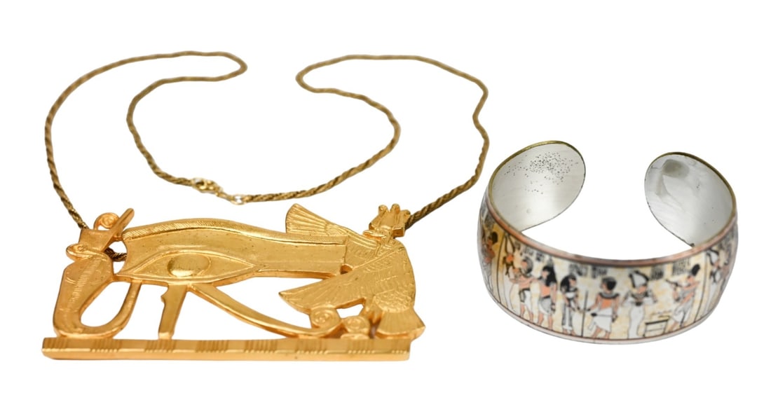 MMA and Reed & Barton Egyptian Style Jewelry: MMA and Reed & Barton Egyptian Style Jewelry Includes Cuff and Pendant Necklace. Necklace is 24 inches in length.