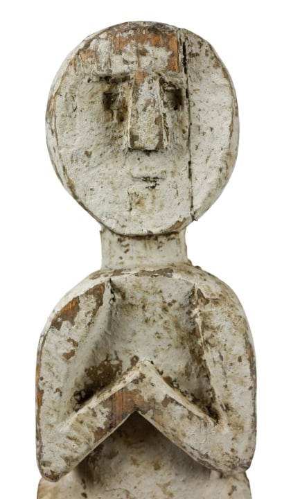 Hand Carved Nepal Himalayan Statue of Man on Stand: Hand Carved Nepal Himalayan Statue of Man Painted White on Iron Stand.