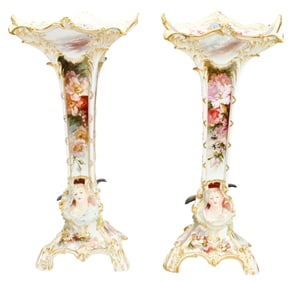 Pair Antique K.P.M. Signed Porcelain Tall Vases