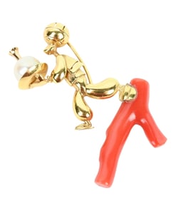 Art Deco 14K Gold Coral & Pearl Sultan Brooch
