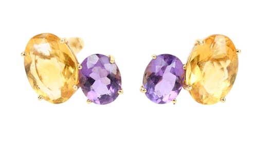 Pair 14K Gold Citrine & Amethys Solitaire Earrings