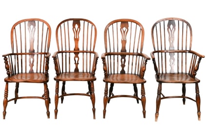 4 Antique English Elm and Ash Windsor Armchairs