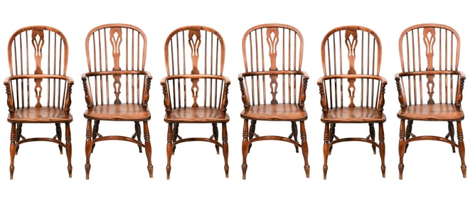 6 Antique English Elm and Ash Windsor Armchairs