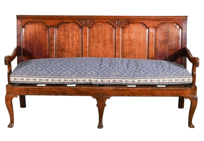 English Georgian Oak Settle Bench w Raised Panels