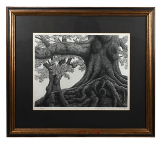 Tanaka Ryohei Signed Engraving of Tree Trunk 1974