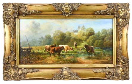 19th C Style Signed Oil Painting of Grazing Cattle