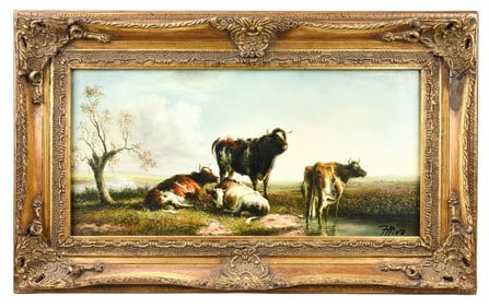 19th C Style Signed Oil Painting of Resting Cattle